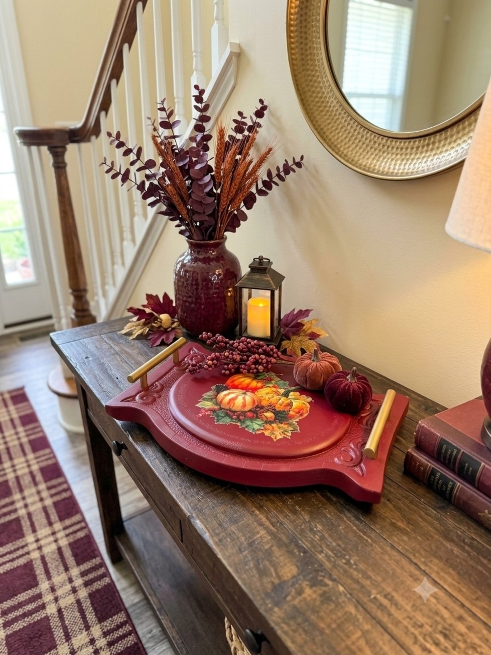 Oval Wood Serving Tray w/ Gold Metal Handles Painted Pumpkin Floral 14in Fall